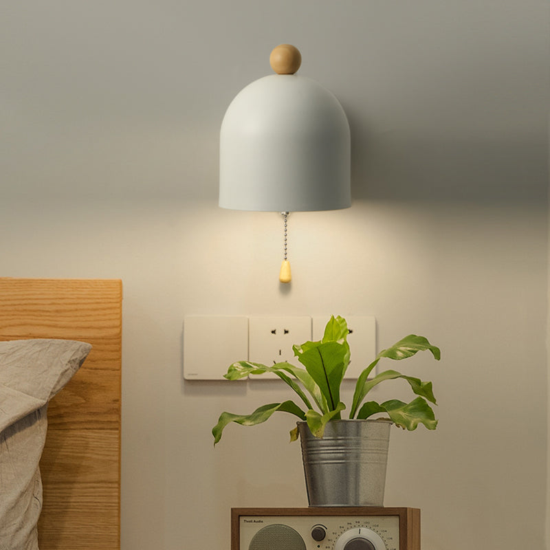 Tube Metal Wall Lamp Contemporary 1 Head White Sconce Light Fixture with Swing Wood Arm and Pull Chain