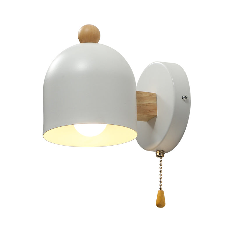 Tube Metal Wall Lamp Contemporary 1 Head White Sconce Light Fixture with Swing Wood Arm and Pull Chain