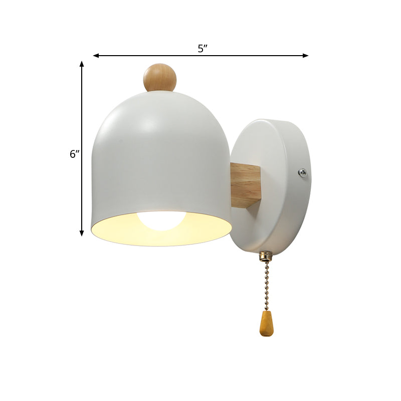 Tube Metal Wall Lamp Contemporary 1 Head White Sconce Light Fixture with Swing Wood Arm and Pull Chain