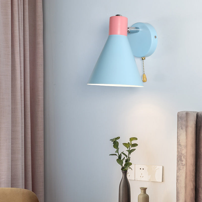 Metal Wide Flare Sconce Contemporary 1 Head Wall Mount Light Fixture in Blue with Pull Chain