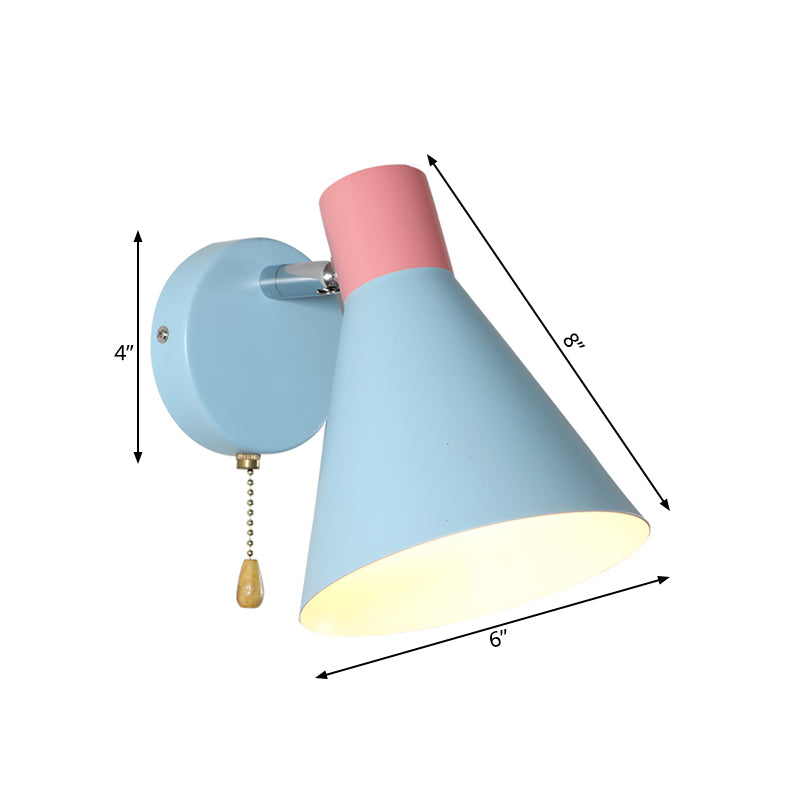 Metal Wide Flare Sconce Contemporary 1 Head Wall Mount Light Fixture in Blue with Pull Chain