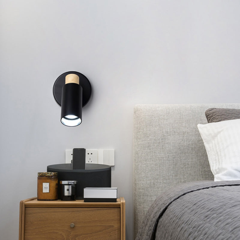 Tubular Wall Lighting Modern Metal 1 Head Black Sconce Light Fixture with Wood Cap
