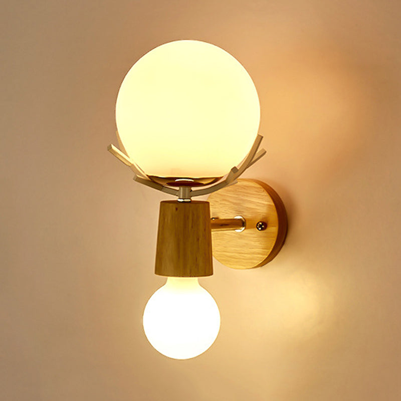 2 Heads Bedside Wall Lighting Modernist Wood Sconce Light Fixture with Ball White Glass Shade