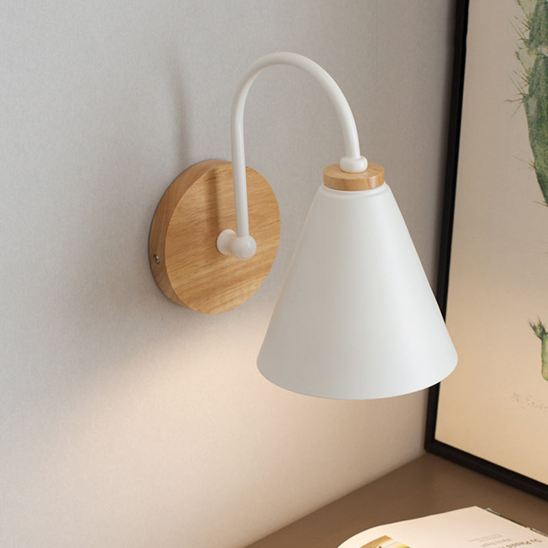 1 Head Tapered Wall Lighting Modern Metal Sconce Light Fixture in White with Circle Wood Backplate