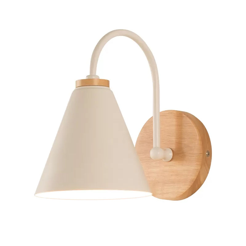 1 Head Tapered Wall Lighting Modern Metal Sconce Light Fixture in White with Circle Wood Backplate