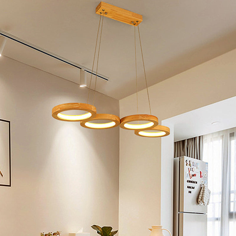 4/5 Lights Dining Room Chandelier with Orbicular Wood Shade Modernist Beige Led Hanging Pendant Light in Warm Light