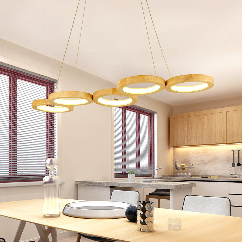 4/5 Lights Dining Room Chandelier with Orbicular Wood Shade Modernist Beige Led Hanging Pendant Light in Warm Light
