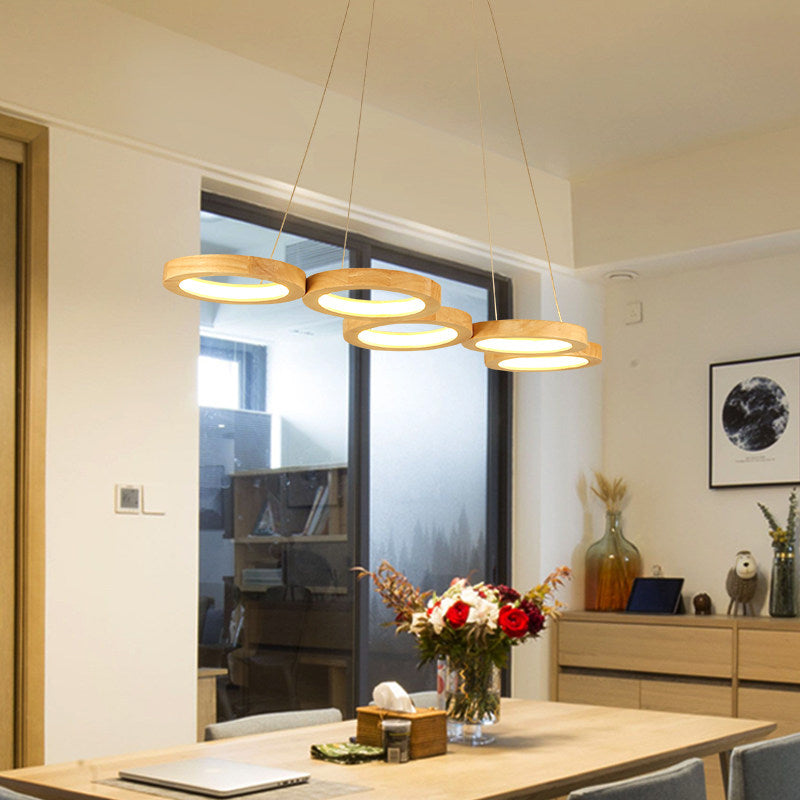 4/5 Lights Dining Room Chandelier with Orbicular Wood Shade Modernist Beige Led Hanging Pendant Light in Warm Light