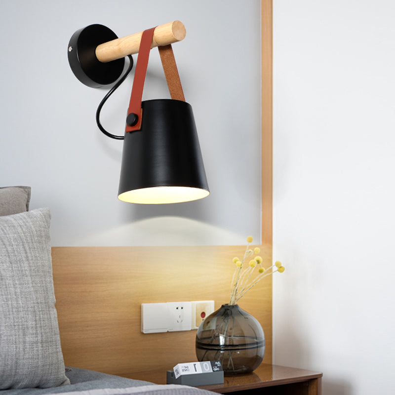 Metal Cone Sconce Light Modernist 1 Head White/Black Wall Lighting Fixture with Wood Arm