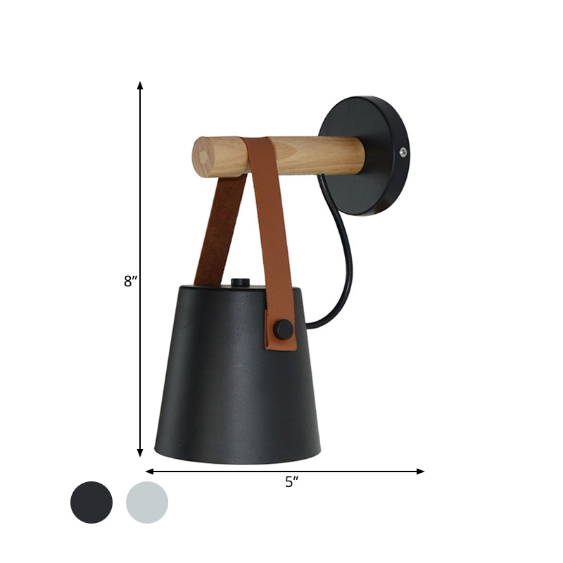 Metal Cone Sconce Light Modernist 1 Head White/Black Wall Lighting Fixture with Wood Arm