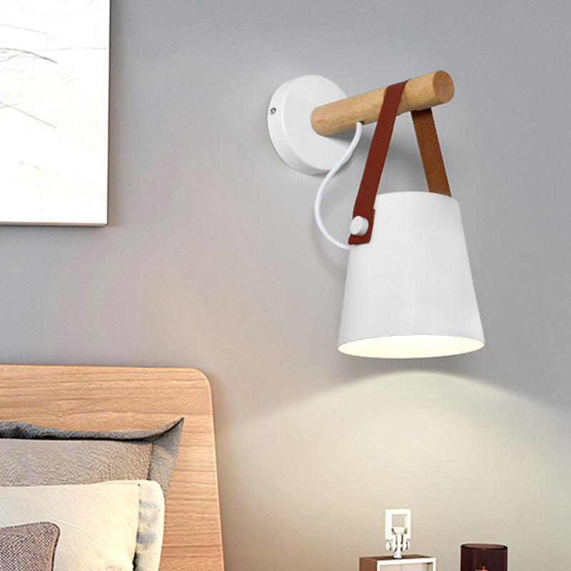 Metal Cone Sconce Light Modernist 1 Head White/Black Wall Lighting Fixture with Wood Arm