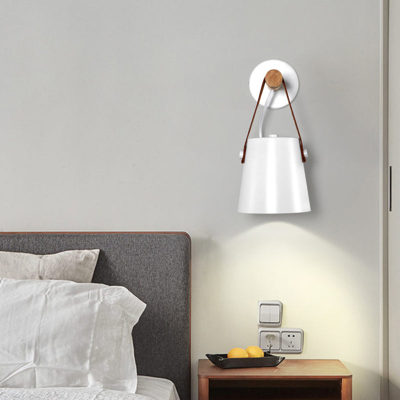 Metal Cone Sconce Light Modernist 1 Head White/Black Wall Lighting Fixture with Wood Arm