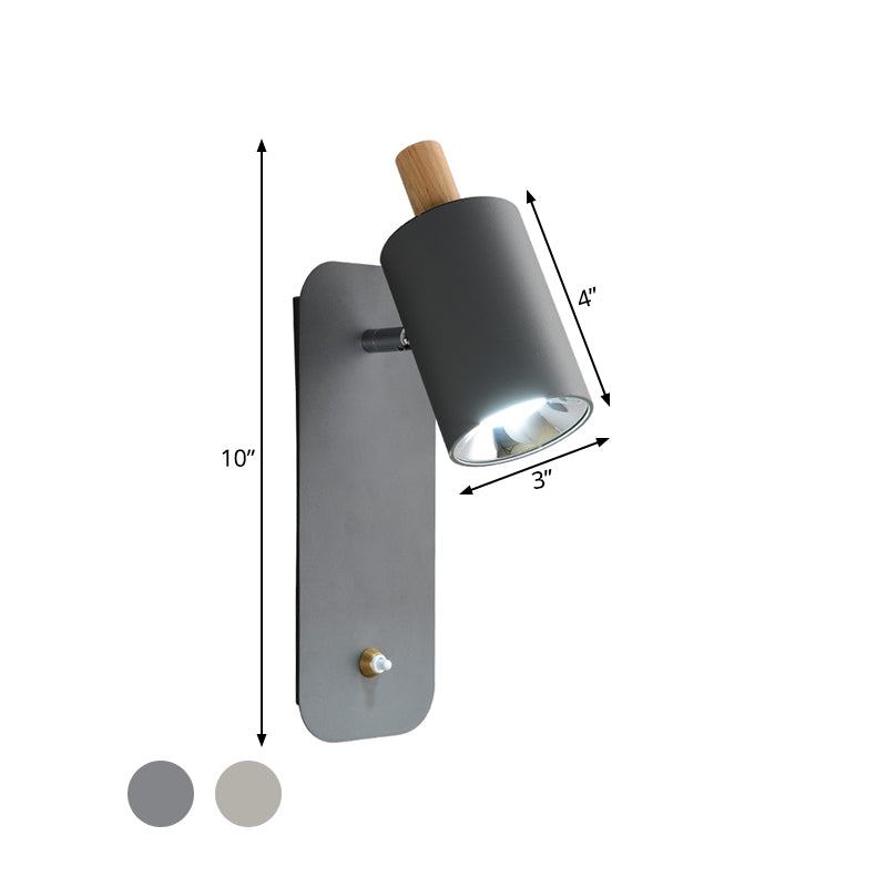 Cylindrical Wall Lighting Minimalist Metal 1 Head White/Grey Sconce Light Fixture with Wood Cap