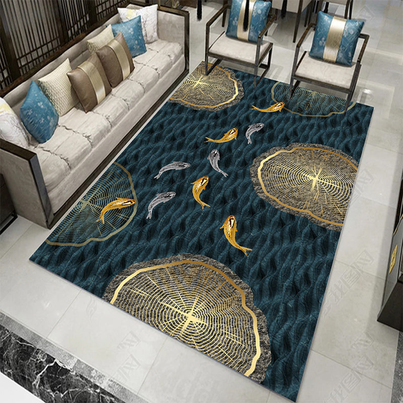 Blue Modern Area Rug Color Block Polyester Area Carpet Non-Slip Backing Rug for Home Decor