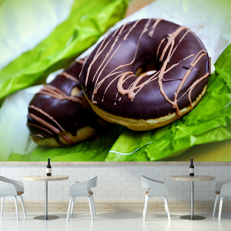 Tasty Dessert Mural Wallpaper with Donut Pattern Mildew Resistant Coffee Shop Wall Decor