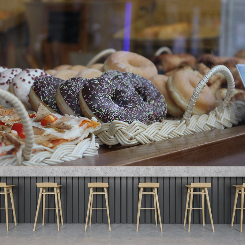 Tasty Dessert Mural Wallpaper with Donut Pattern Mildew Resistant Coffee Shop Wall Decor