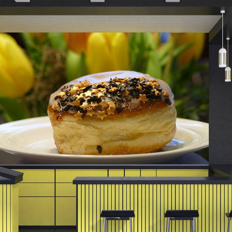 Tasty Dessert Mural Wallpaper with Donut Pattern Mildew Resistant Coffee Shop Wall Decor
