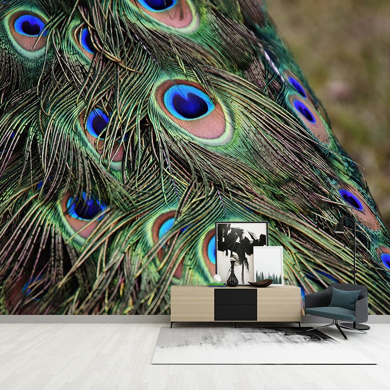 Photography Style Peacock Feather Mural Wallpaper Moisture Resistant for Sitting Room