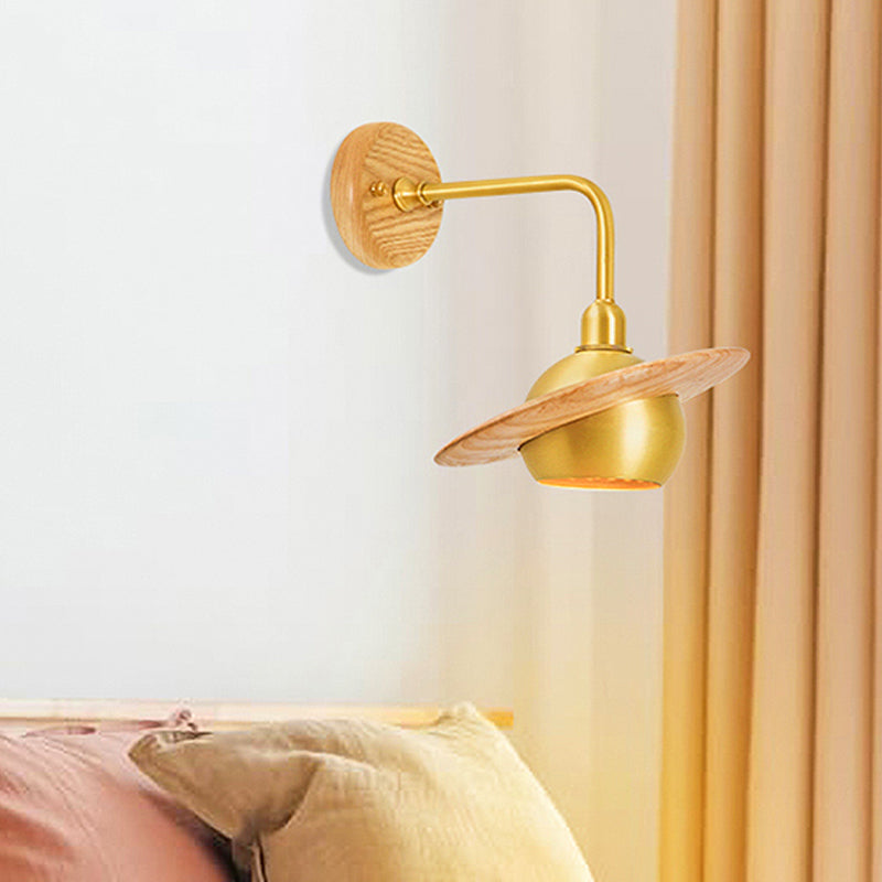 Wood Dome Wall Lighting Fixture Asian Single Head Metal Wall Mount Light for Bedroom