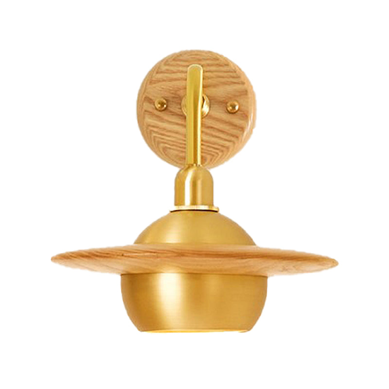 Wood Dome Wall Lighting Fixture Asian Single Head Metal Wall Mount Light for Bedroom