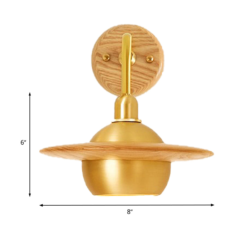 Wood Dome Wall Lighting Fixture Asian Single Head Metal Wall Mount Light for Bedroom