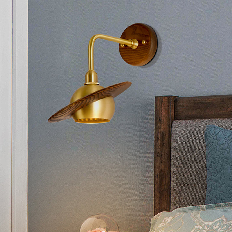 1 Light Bedroom Wall Sconce Asian Brass Wall Light Fixture with Globe Wooden Shade