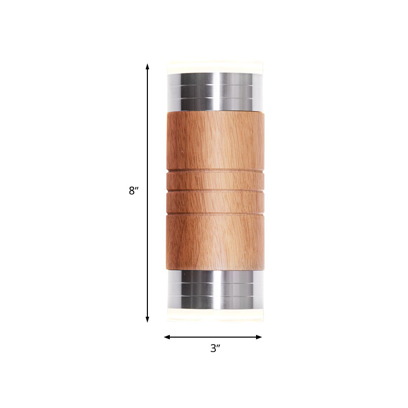 Cylinder Wooden Wall Sconce Light Asian 1 Bulb Chrome LED Wall Lighting for Living Room