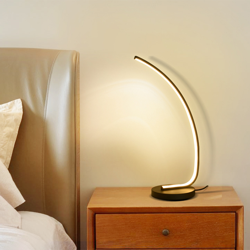 Bend Shape Metal Nightstand Lamp Minimalist Black LED Table Light in 3 Color Light