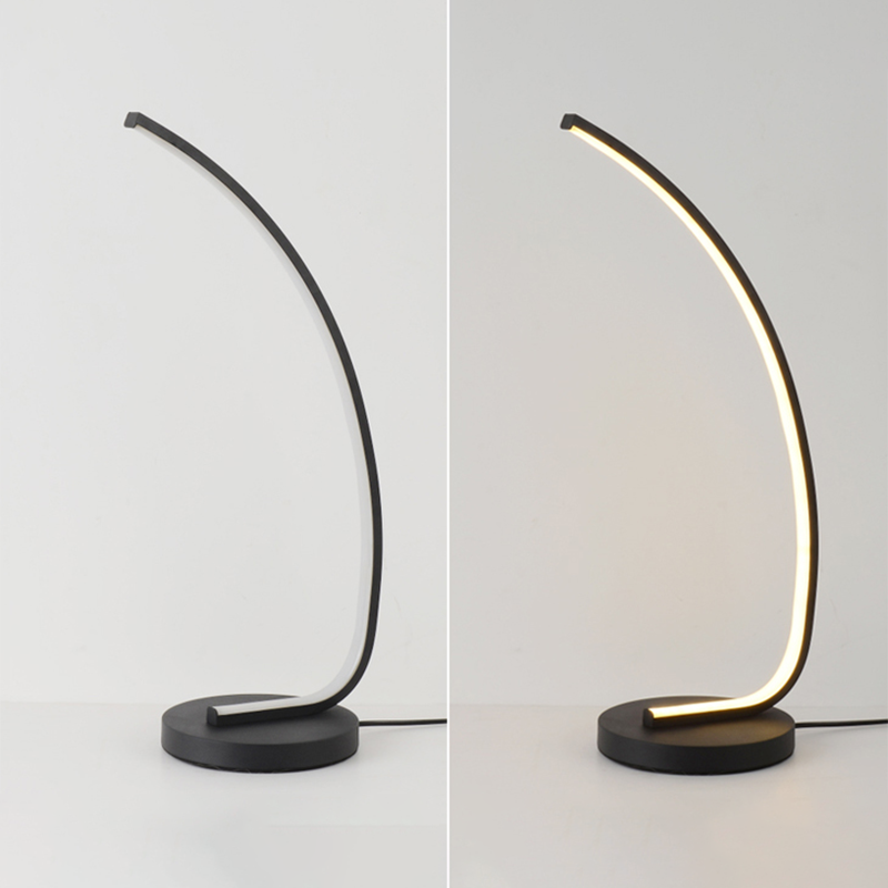 Bend Shape Metal Nightstand Lamp Minimalist Black LED Table Light in 3 Color Light