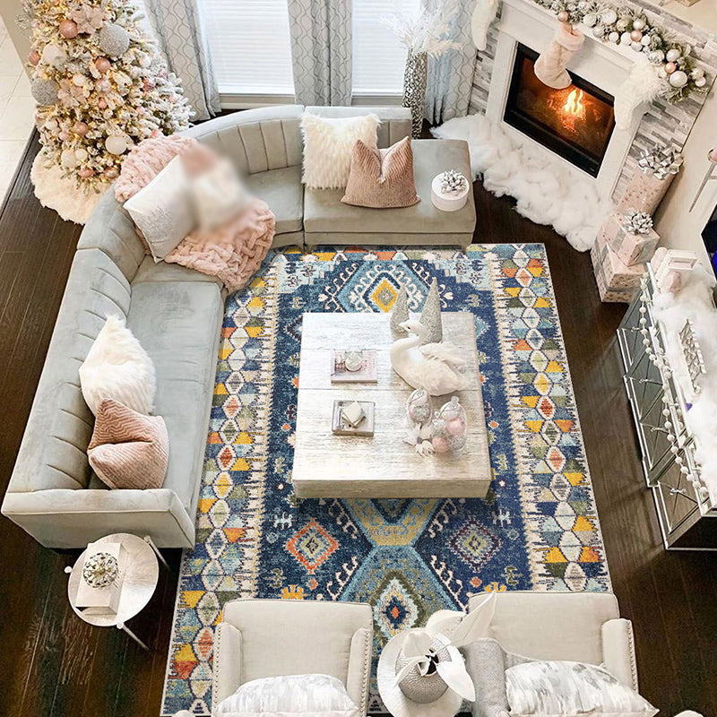 Chic Blue Morocco Rug Tribal Print Polyester Area Carpet Easy Care Washable Rug for Living Room