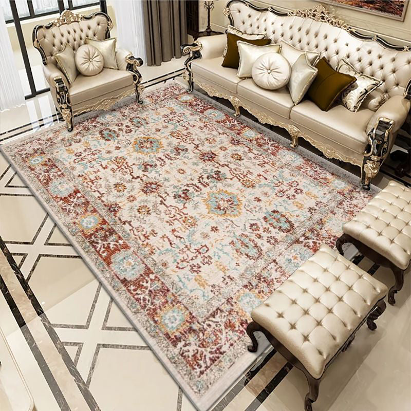 Morocco Antique Print Area Rug Red Polyester Area Carpet Easy Care Rug for Living Room