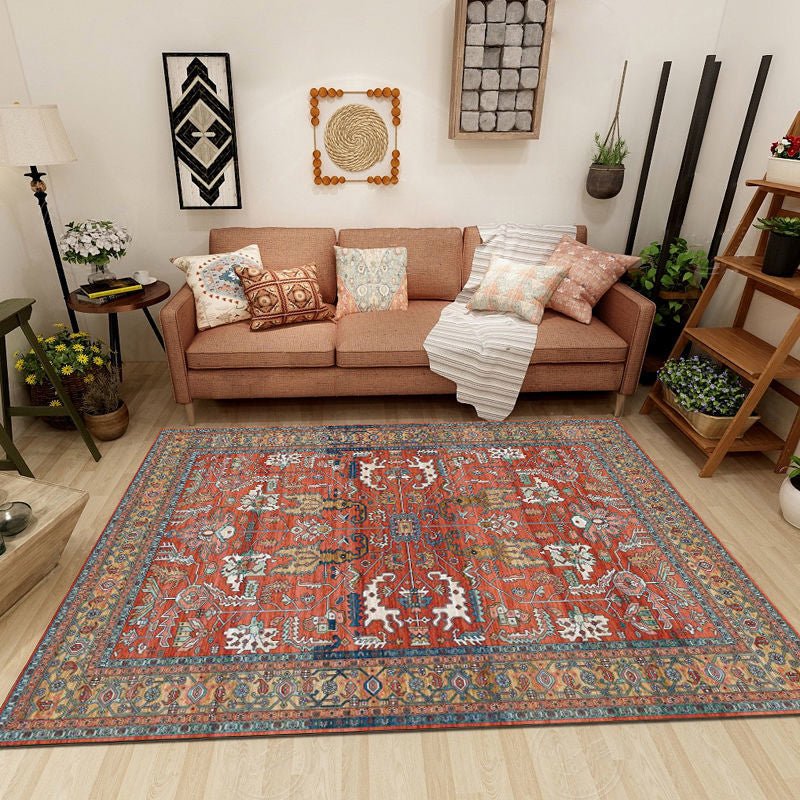 Morocco Antique Print Area Rug Red Polyester Area Carpet Easy Care Rug for Living Room