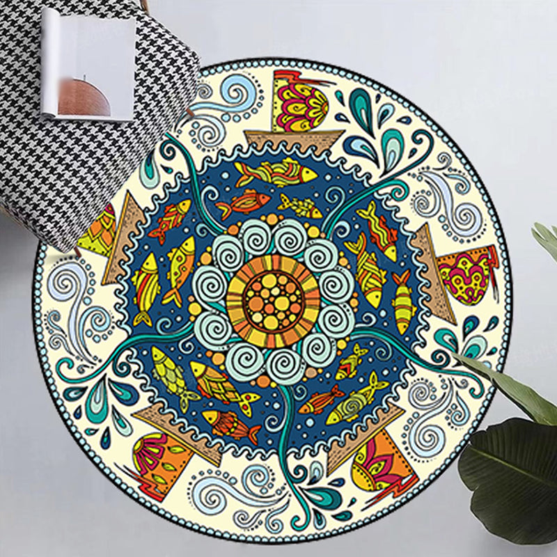Mid-Century Round Rug Moroccan Medallion Printed Carpet Non-Slip Backing Carpet for Living Room