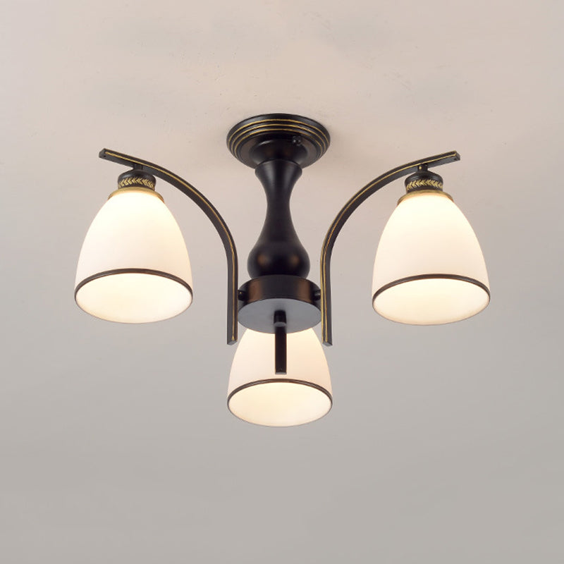 Black Radial Ceiling Light in Traditional Retro Style Wrought Iron Semi Flush Mount with Glass Shade