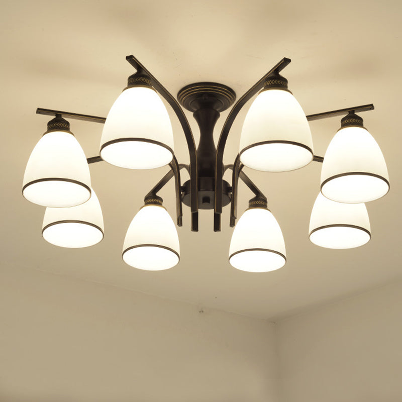 Black Radial Ceiling Light in Traditional Retro Style Wrought Iron Semi Flush Mount with Glass Shade