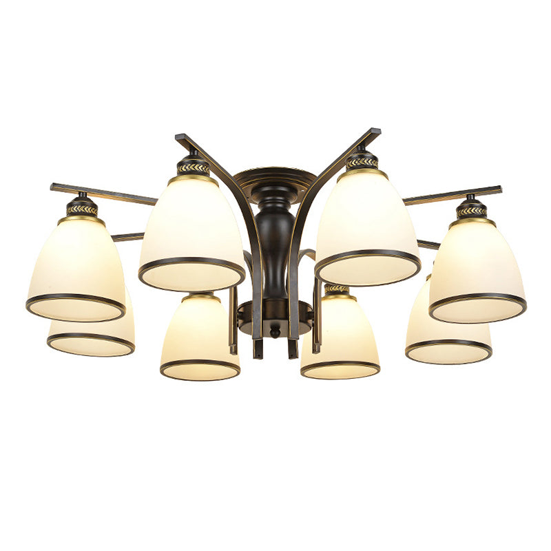 Black Radial Ceiling Light in Traditional Retro Style Wrought Iron Semi Flush Mount with Glass Shade