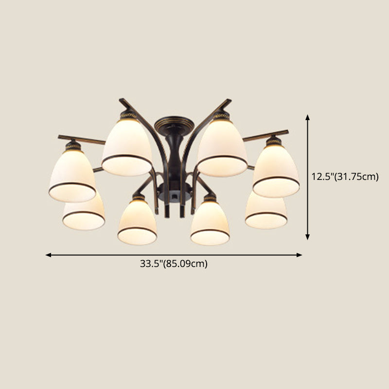 Black Radial Ceiling Light in Traditional Retro Style Wrought Iron Semi Flush Mount with Glass Shade