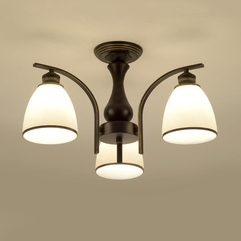 Black Radial Ceiling Light in Traditional Retro Style Wrought Iron Semi Flush Mount with Glass Shade