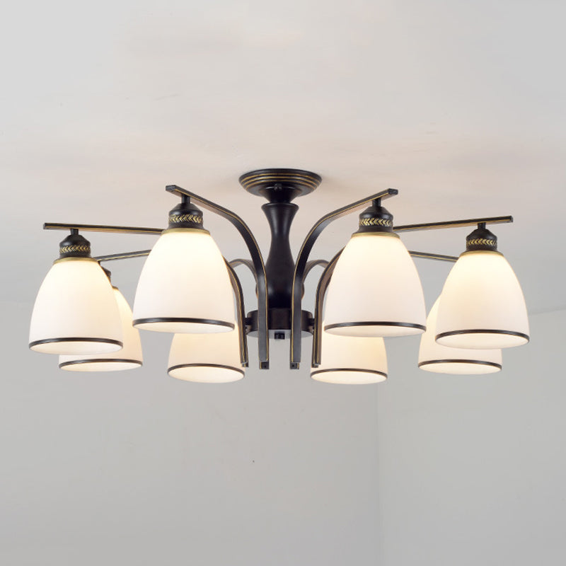 Black Radial Ceiling Light in Traditional Retro Style Wrought Iron Semi Flush Mount with Glass Shade