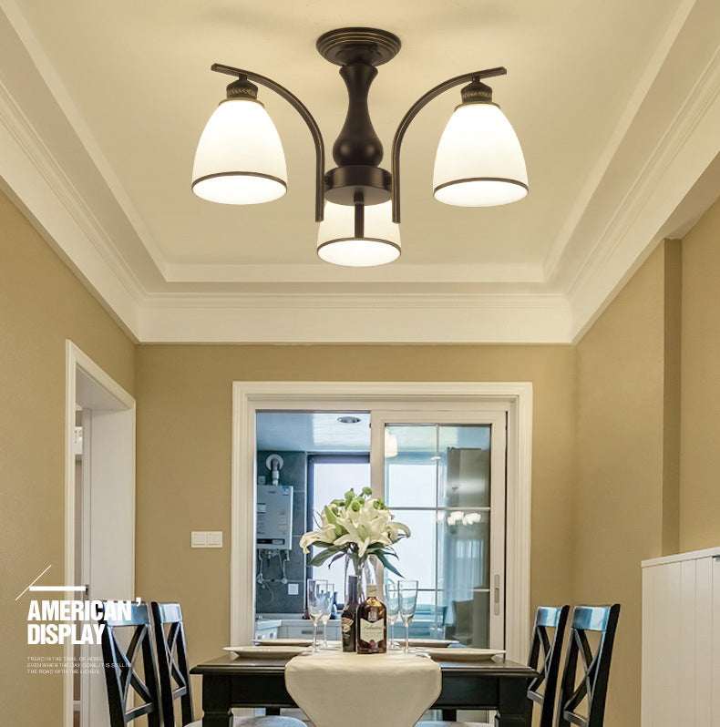 Black Radial Ceiling Light in Traditional Retro Style Wrought Iron Semi Flush Mount with Glass Shade