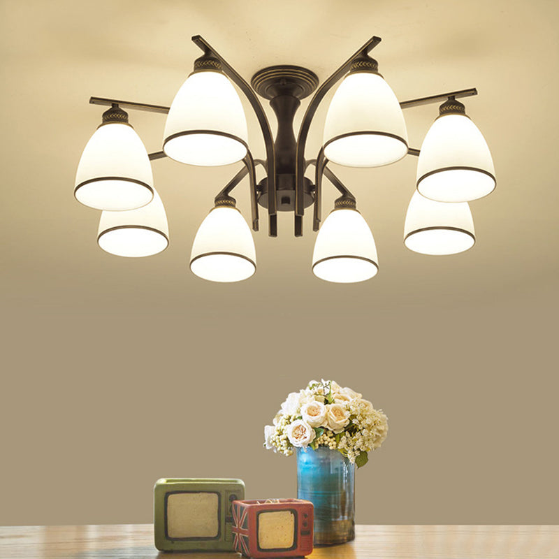 Black Radial Ceiling Light in Traditional Retro Style Wrought Iron Semi Flush Mount with Glass Shade