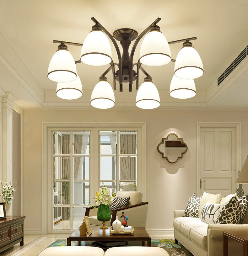 Black Radial Ceiling Light in Traditional Retro Style Wrought Iron Semi Flush Mount with Glass Shade