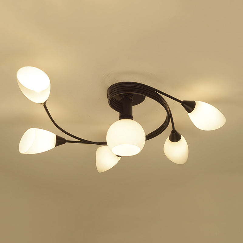 Black Radial Semi Flush Mount in Traditional Retro Style Wrought Iron Ceiling Light with Glass Shade