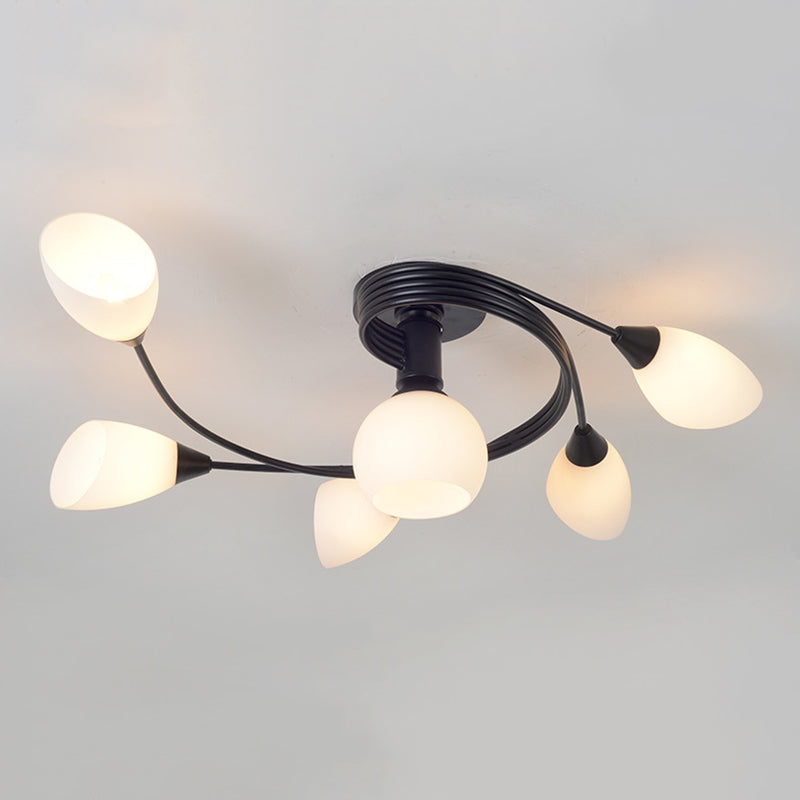 Black Radial Semi Flush Mount in Traditional Retro Style Wrought Iron Ceiling Light with Glass Shade