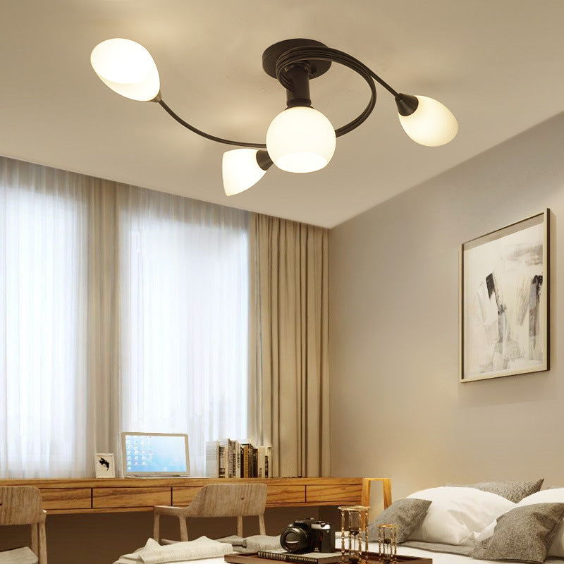 Black Radial Semi Flush Mount in Traditional Retro Style Wrought Iron Ceiling Light with Glass Shade