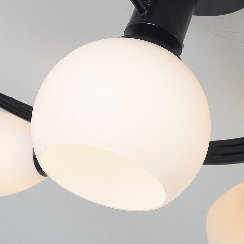 Black Radial Semi Flush Mount in Traditional Retro Style Wrought Iron Ceiling Light with Glass Shade