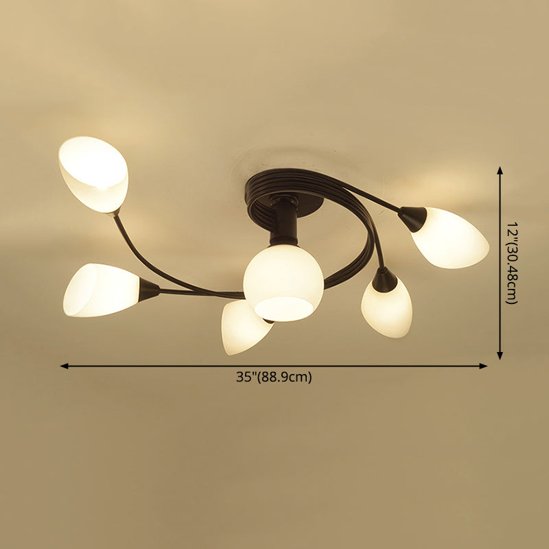 Black Radial Semi Flush Mount in Traditional Retro Style Wrought Iron Ceiling Light with Glass Shade