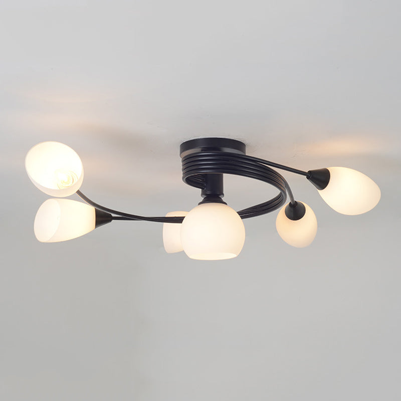 Black Radial Semi Flush Mount in Traditional Retro Style Wrought Iron Ceiling Light with Glass Shade
