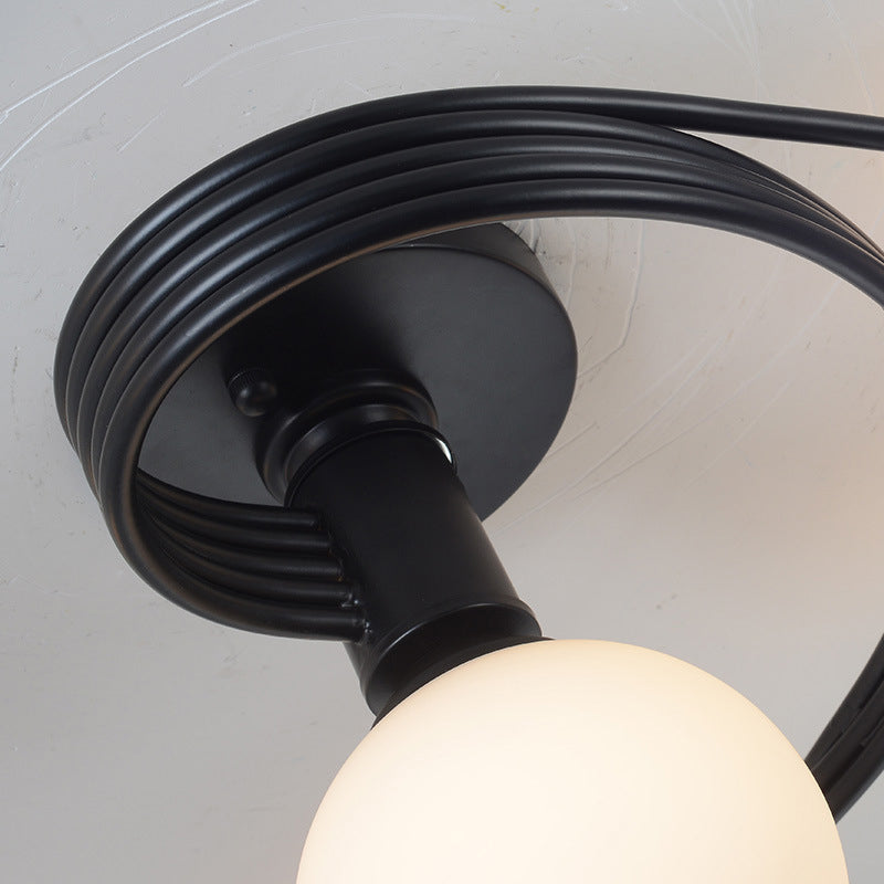 Black Radial Semi Flush Mount in Traditional Retro Style Wrought Iron Ceiling Light with Glass Shade