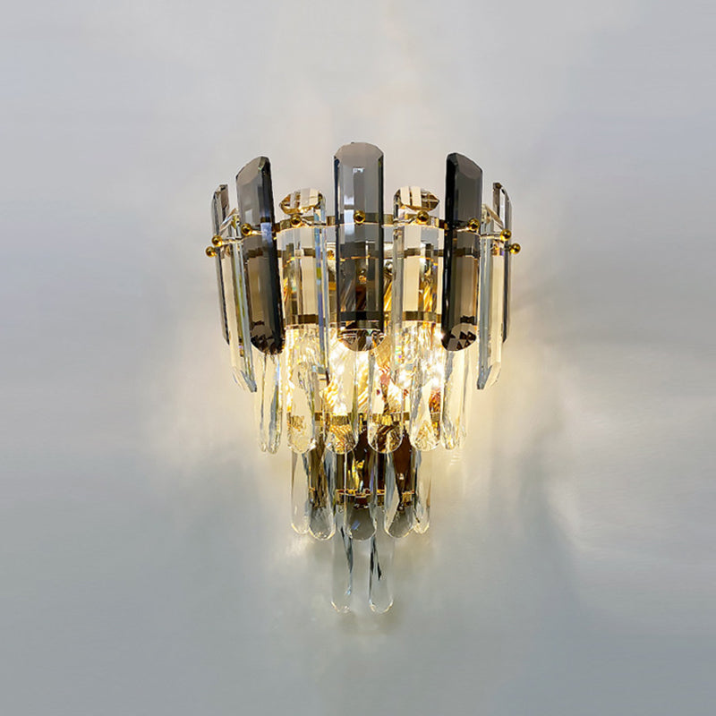 Gray Crystal Wall Sconce in Modern Luxury Style Electroplate Iron Stagger Wall Lamp for Bedroom